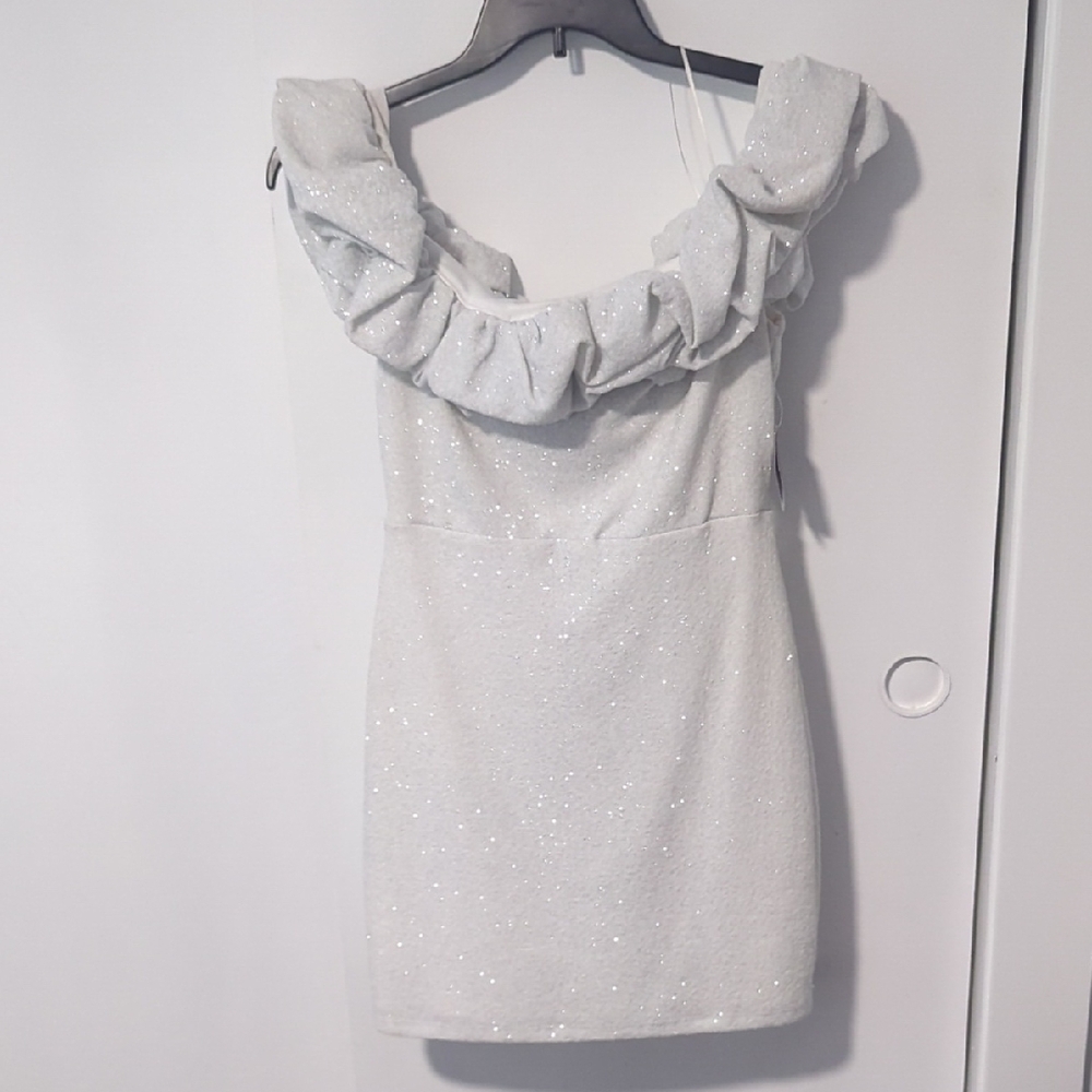 Ruffled Sparkle Off-Shoulder Mini Dress in White